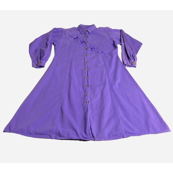 Vintage Denim Jazz Dress Women L Purple Denim Embroidered 90s Y2K Cottage Modest - Picture 1 of 16